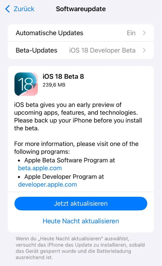 锦屏苹果手机维修分享苹果 iOS / iPadOS 18 开发者预览版 Beta 8 发布 